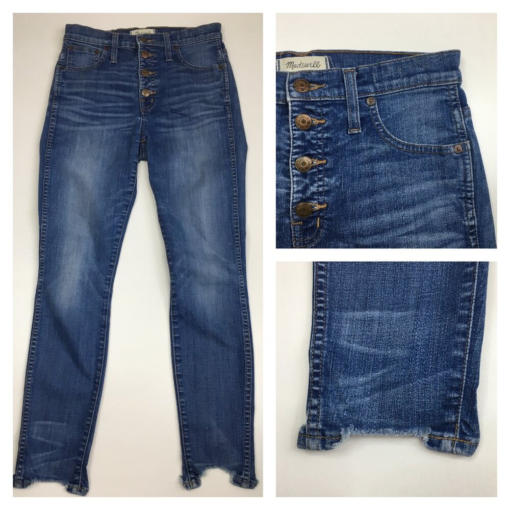 MADEWELL Button Fly 10" High Rise Raw Step Hem 5 Pocket Logo Button Skinny Jeans